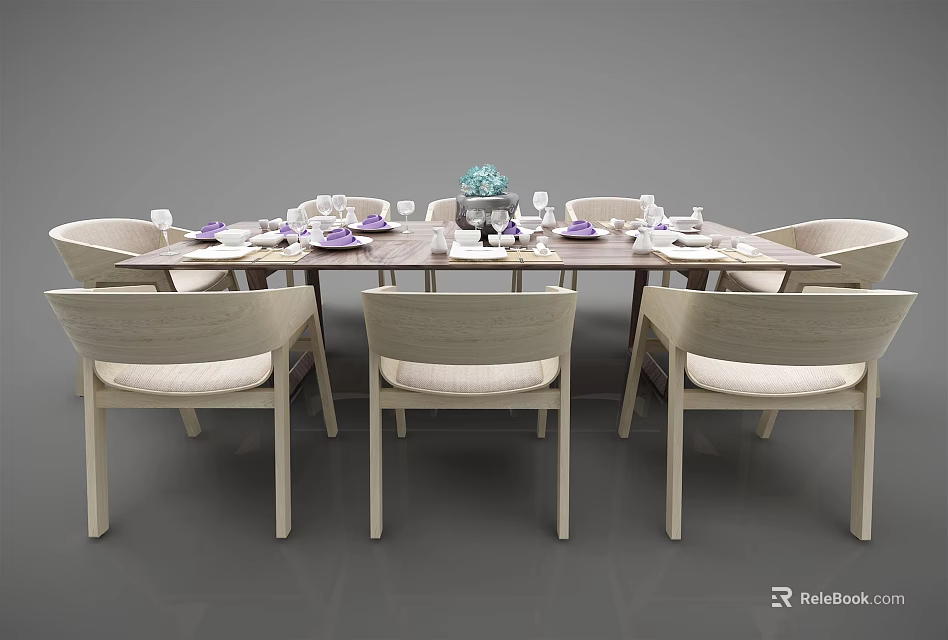 Light Colored Wooden Dining Table Set with Chairs Tableware and Centerpiece 3d model 