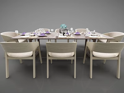 Light Colored Wooden Dining Table Set with Chairs Tableware and Centerpiece 3d model