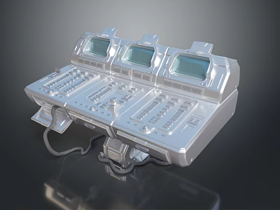 Modern Computer Workstation With Three Screens Metal Console Control Buttons And Cables 3d model