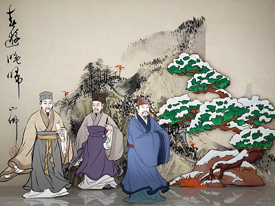 Ancient Chinese Figure Painting With Three Sages In Traditional Robes And Snow Covered Pine Trees 3d model