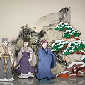 Ancient Chinese Figure Painting With Three Sages In Traditional Robes And Snow Covered Pine Trees