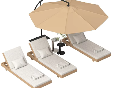 Comfortable Outdoor Lounge Chairs With Beige Patio Umbrella Side Table And Towels 3d model