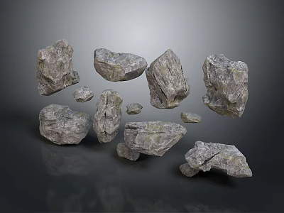 Textured Gray Natural Stone Pieces Displayed On Dark Background With Various Shapes And Sizes 3d model