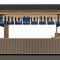 Commercial Outdoor Setup with Black Tiled Roof Wooden Structure Blue Curtains and Red Lanterns