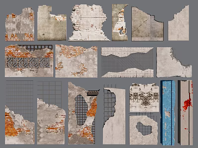 Exterior Building Walls Featuring Various Textures Weathered Brick Concrete And Grid Patterns 3d model