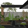 Modern Courtyard Garden Design With Wooden Pergola Lush Green Plants Sun Loungers And Stone Tiles