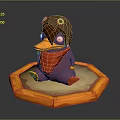 Purple Cartoon Character With Gear Hat Red Scarf Orange Feet On Octagonal Base