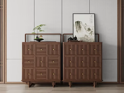 Modern Chinese Wooden Chests of Drawers with Potted Plant Tea Set Against Light Colored Wall 3d model