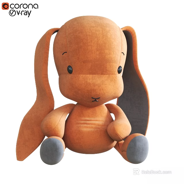 Adorable Brown Rabbit Stuffed Doll with Big Ears and Gray Soft Paws 3d model 