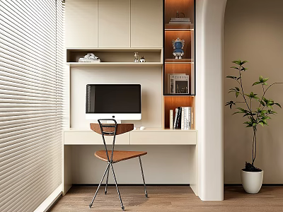 Minimalist Home Office Desk with Computer Monitor Bookshelf Wooden Chair and Potted Plant 3d model