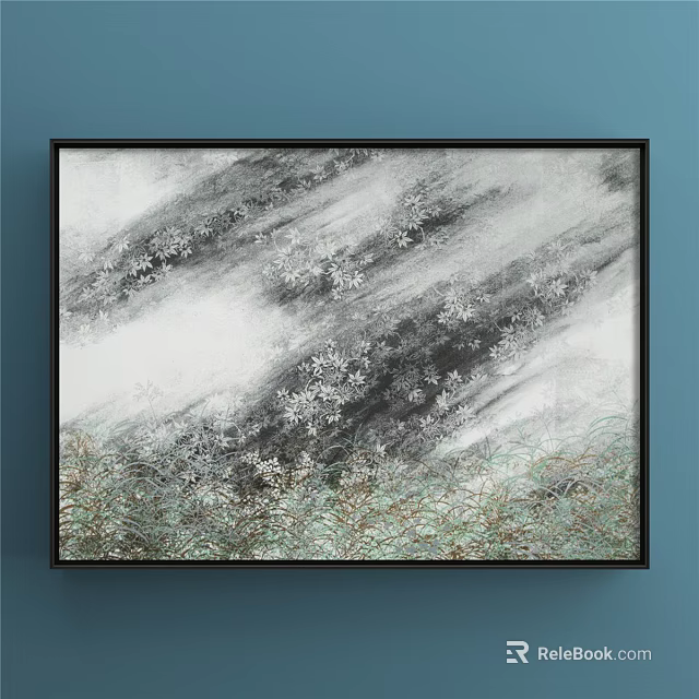 Abstract Modern Painting With Cloud Like Patterns White Spots And Green Grassy Bottom 3d model