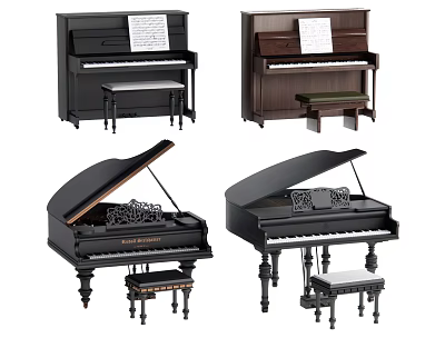 Various Musical Instruments Including Upright And Grand Pianos With Stools And Scores 3d model