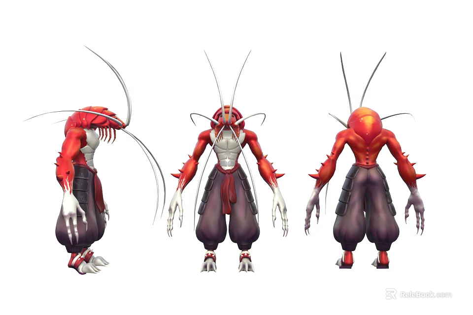 Red Aquatic Creature With Long Antennae And Multiple Limbs Three Angle Views 3d model 
