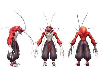 Red Aquatic Creature With Long Antennae And Multiple Limbs Three Angle Views 3d model