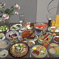 Assorted Delicious Food Dishes On Dining Table With Roast Turkey Seafood Salads Vegetables And Drinks