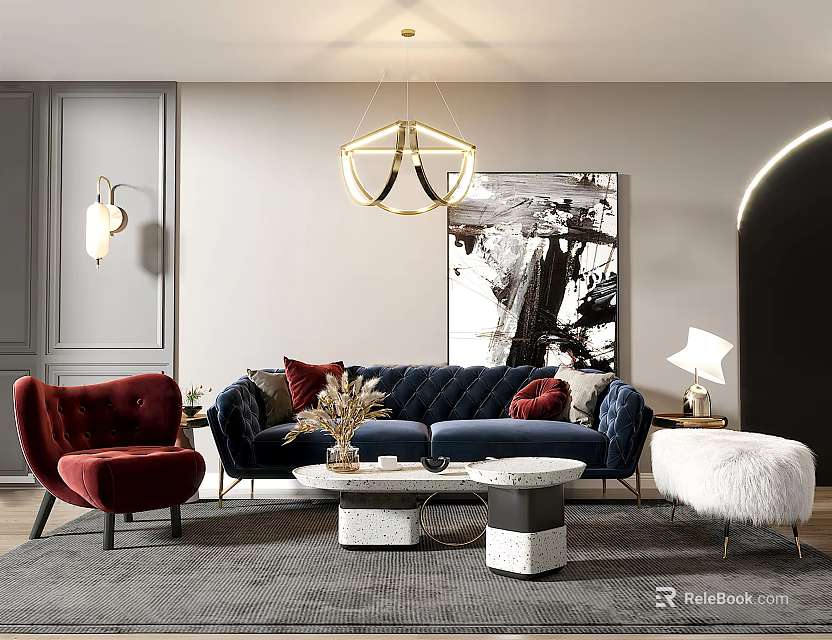 Modern Stylish Living Room Interior With Navy Sofa Red Armchair Gold Chandelier Black White Painting 3d model 