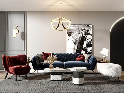 Modern Stylish Living Room Interior With Navy Sofa Red Armchair Gold Chandelier Black White Painting 3d model