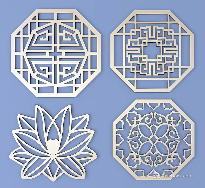 Traditional Chinese Octagonal Laser Cut Decorative Patterns With Geometric And Lotus Motifs 3d model 