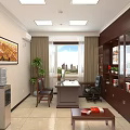 Office Interior Design With Wooden Desk Computer Monitor Black Leather Sofa And Bookshelf
