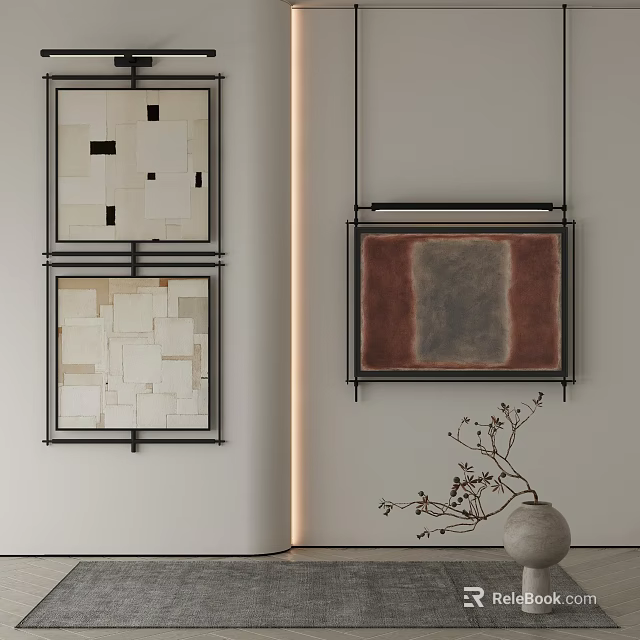 Modern Interior With Abstract Framed Wall Art And Minimalist Vase Decor 3d model 
