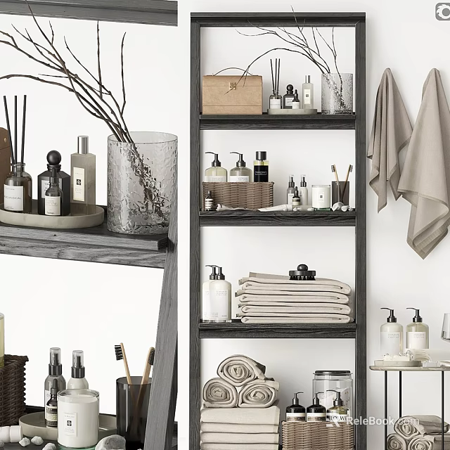 Organized Stylish Bathroom Shelves With Linen Towels Cleaning Bottles And Natural Branches 3d model 