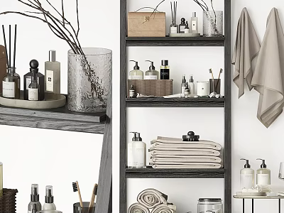 Organized Stylish Bathroom Shelves With Linen Towels Cleaning Bottles And Natural Branches 3d model
