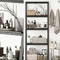 Organized Stylish Bathroom Shelves With Linen Towels Cleaning Bottles And Natural Branches