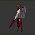 Anime Female Character in Traditional Kimono With Warship Inspired Mechanical Back Appendages and Red Umbrella