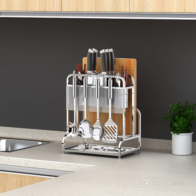 Modern Kitchen Cabinets With Stainless Steel Utensil Rack And Countertop Accessories 3d model 
