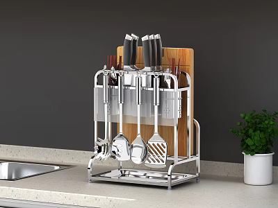 Modern Kitchen Cabinets With Stainless Steel Utensil Rack And Countertop Accessories 3d model
