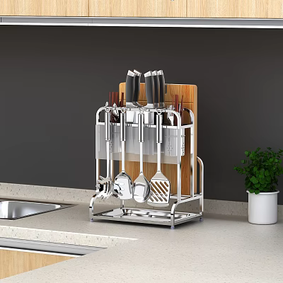Modern Kitchen Cabinets With Stainless Steel Utensil Rack And Countertop Accessories 3d model