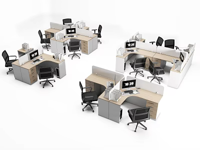 Modern Office Workstations With Partition Panels Computer Monitors And Ergonomic Chairs 3d model