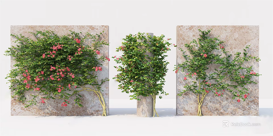 Vines with Lush Green Leaves and Red Flowers Climbing Stone Wall and Pillar 3d model 