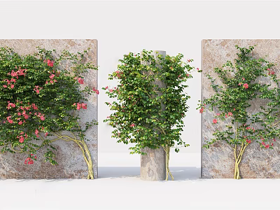 Vines with Lush Green Leaves and Red Flowers Climbing Stone Wall and Pillar 3d model