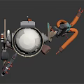 Sci Fi Robot Character With Skeleton Structure White Dome Head Gun Mechanical Parts And Orange Energy Effects