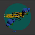 Colorful 3D Character Model With Yellow Hair Green Weapon And Blue Creatures On Green Base