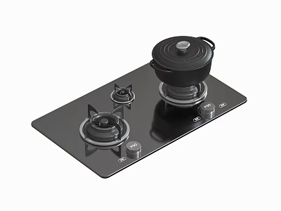 Black Gas Stove With Two Burners And Pot On Control Panel Surface 3d model