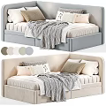 Cozy Kids Bed With Upholstered Headboard Multiple Pillows And Soft Blanket In Beige White Tones