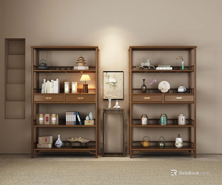 Traditional Chinese Wooden Display Shelves With Teapots Books Vases And Decorative Ornaments 3d model 