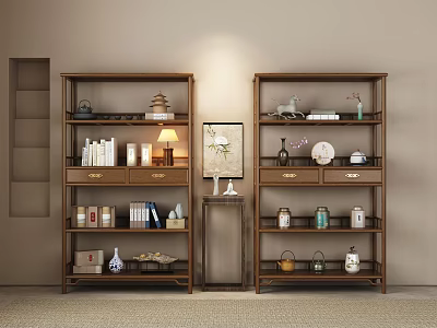 Traditional Chinese Wooden Display Shelves With Teapots Books Vases And Decorative Ornaments 3d model