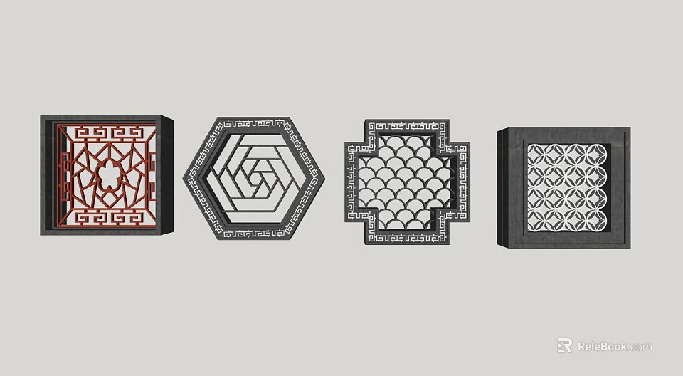 Traditional Ornate Lattice Windows with Intricate Patterns and Geometric Designs in Square Hexagonal Shapes 3d model 