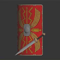Red Shield With Golden Wing Patterns And Silver Dagger With Wooden Handle On Dark Surface 3d model