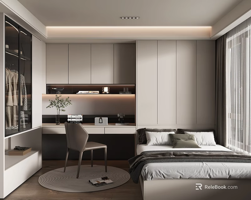 Modern Tatami Bedroom Interior With Bed Desk Chair And Wardrobe 3d model 