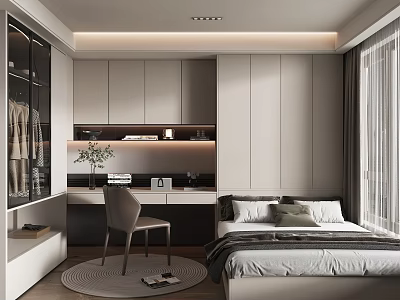 Modern Tatami Bedroom Interior With Bed Desk Chair And Wardrobe 3d model