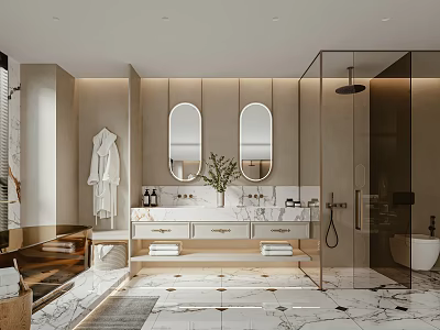 Modern Bathroom Interior With Double Oval Mirrors Marble Countertop And Glass Shower Enclosure 3d model