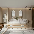 Modern Bathroom Interior With Double Oval Mirrors Marble Countertop And Glass Shower Enclosure