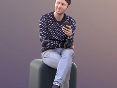 Man Sitting On Gray Chair Using Smartphone Wearing Polka Dot Sweater And Blue Pants 3d model