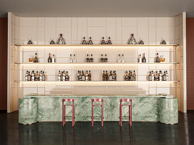 Modern Green Marble Bar Counter With Red Stools White Wall Shelves Bottles And Lighting 3d model