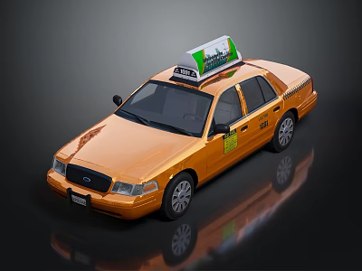 Golden Taxi with Roof Advertisement Sign and Yellow Body Decals on Dark Reflective Surface 3d model