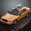 Golden Taxi with Roof Advertisement Sign and Yellow Body Decals on Dark Reflective Surface